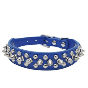 Spiked Studded Leather Dog Collar Rivets Pet Small Large Cat Pit Bull Adjustable (Color: Navy Blue, size: m)
